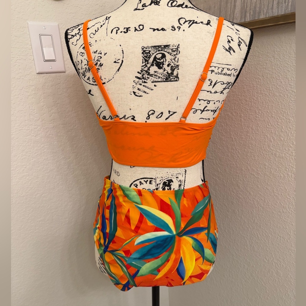 NWOT 2pc high waisted tummy control Orange print swimsuit sz M - Picture 6 of 9